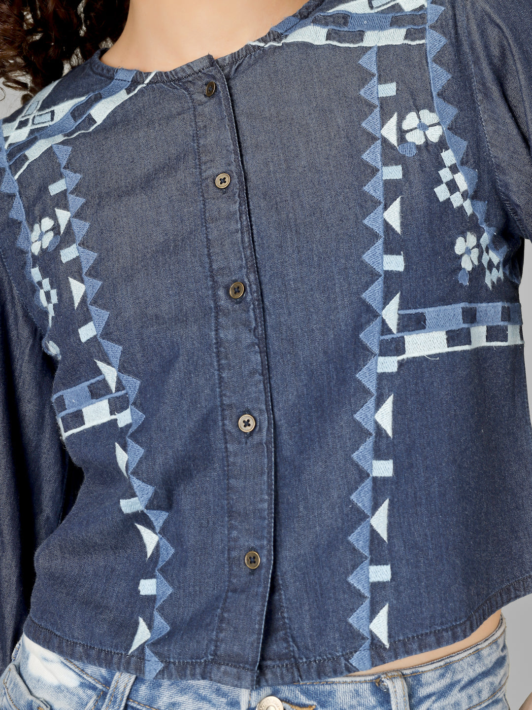 Indigo Embroidered Denim Crop Top