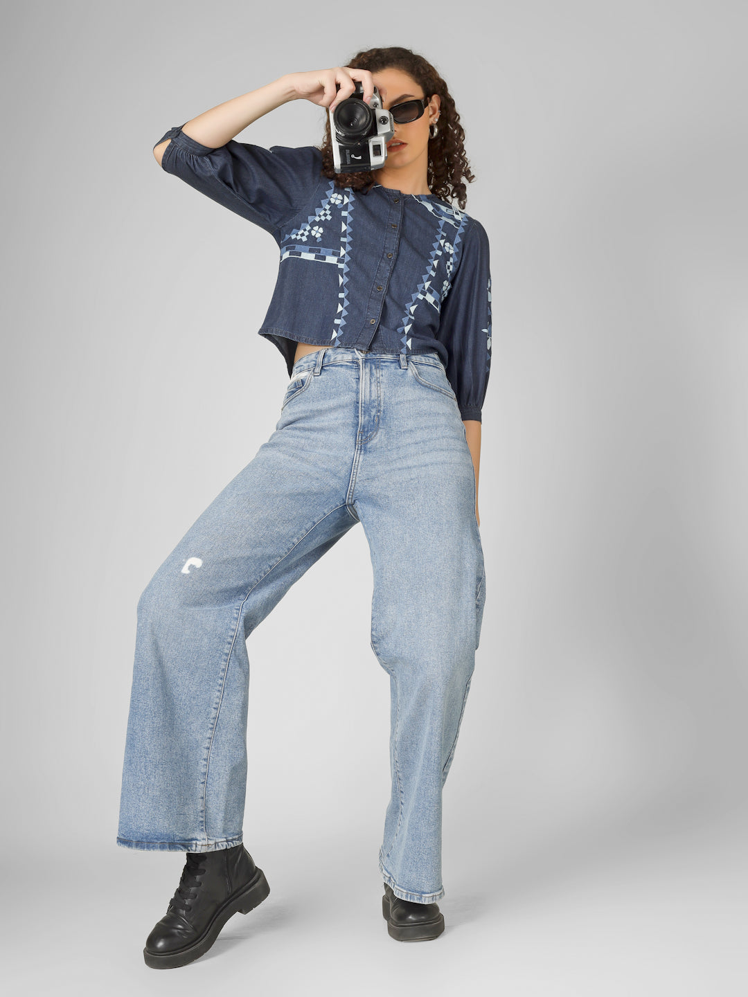 Indigo Embroidered Denim Crop Top