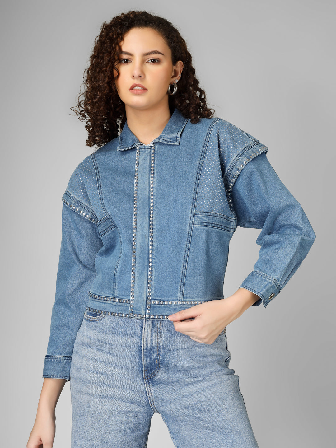 Studded Detail Cropped Denim Jacket