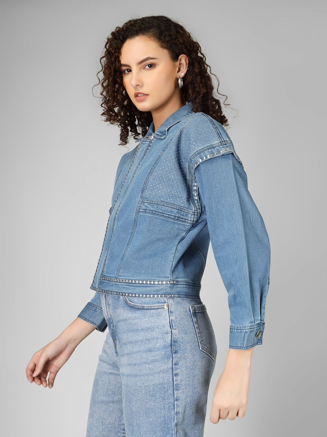 Blue Embellished Denim Jacket for Women