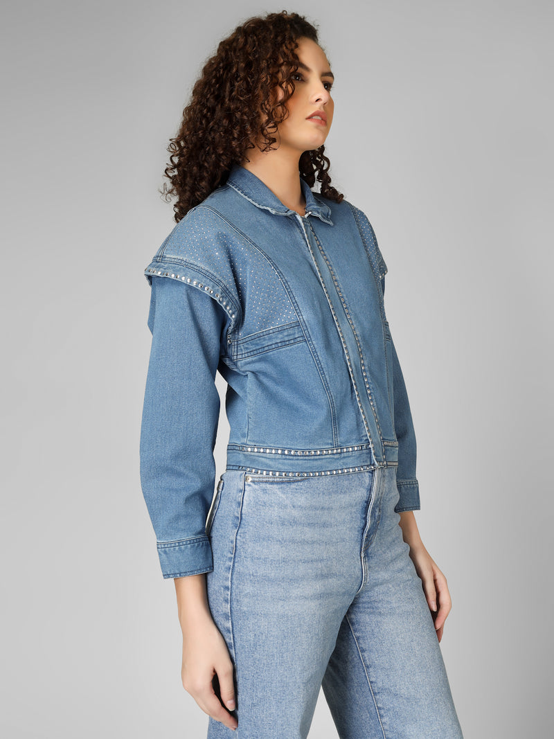 Blue Embellished Denim Jacket for Women