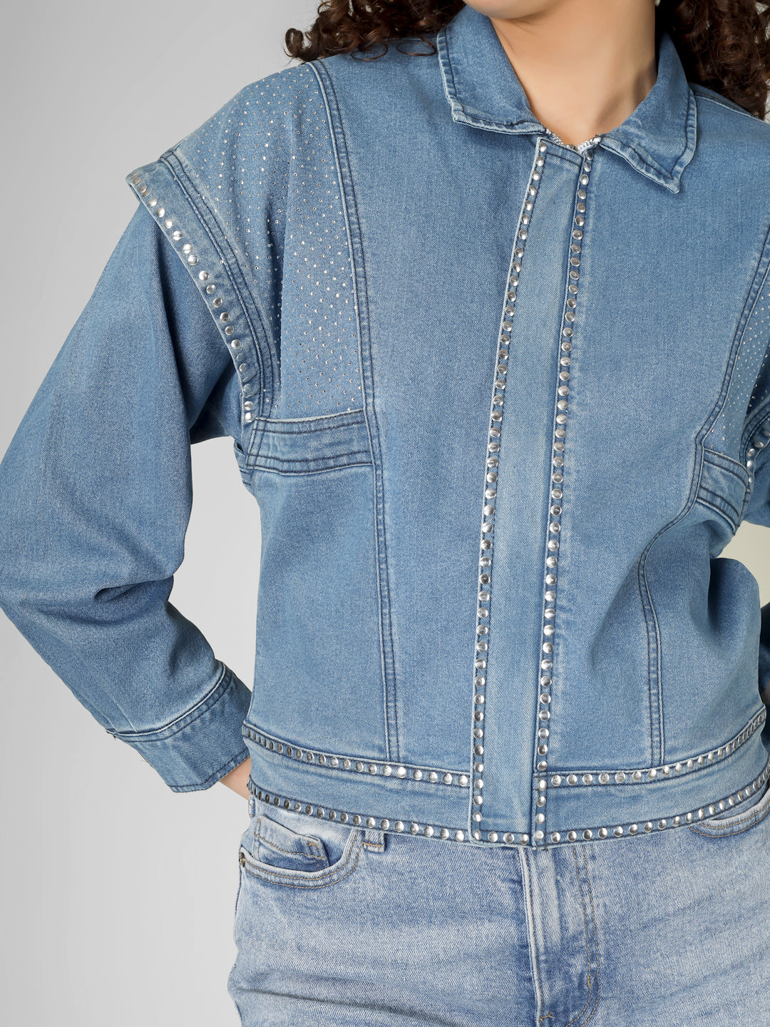 Studded Detail Cropped Denim Jacket