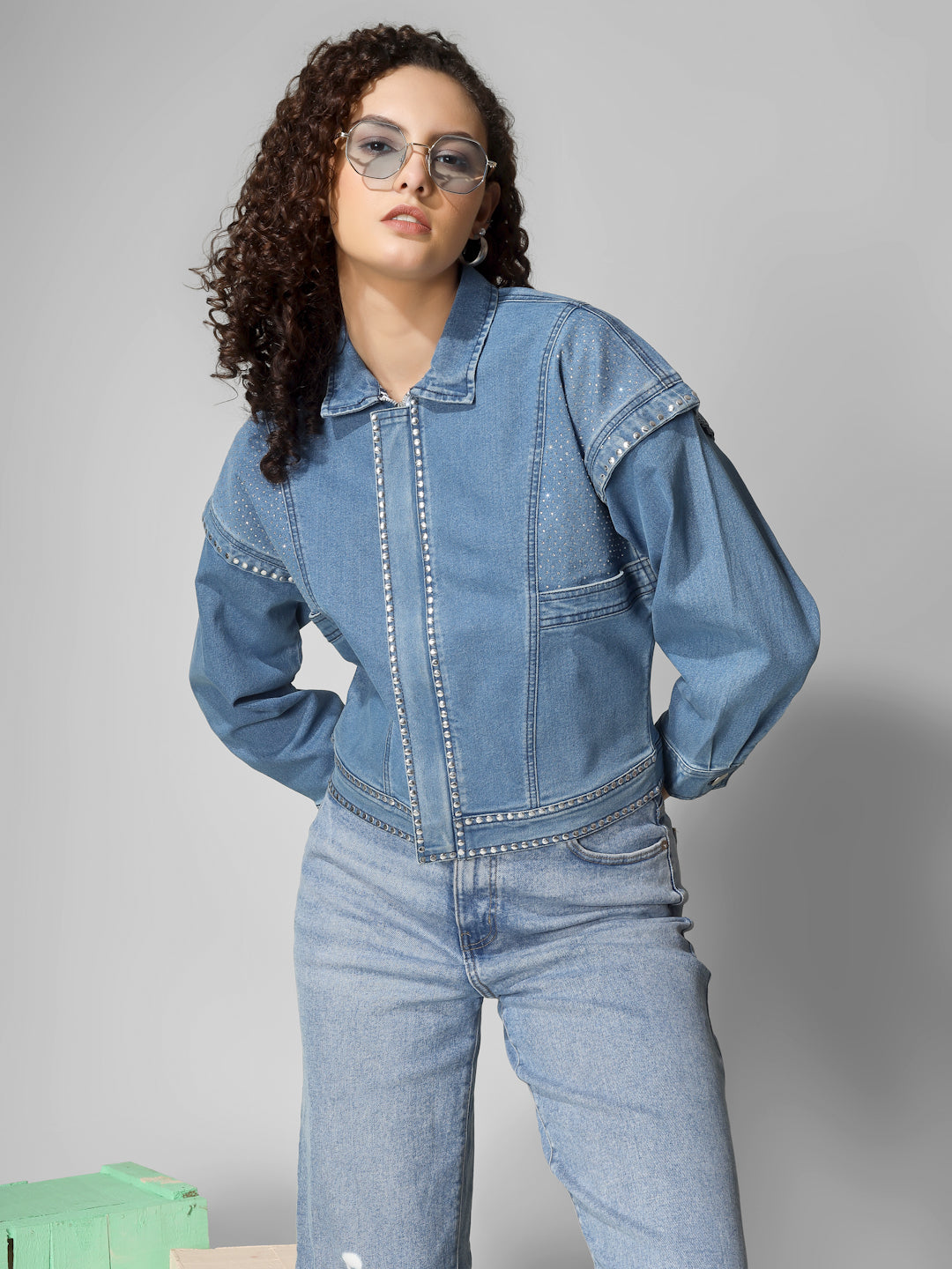 Studded Detail Cropped Denim Jacket