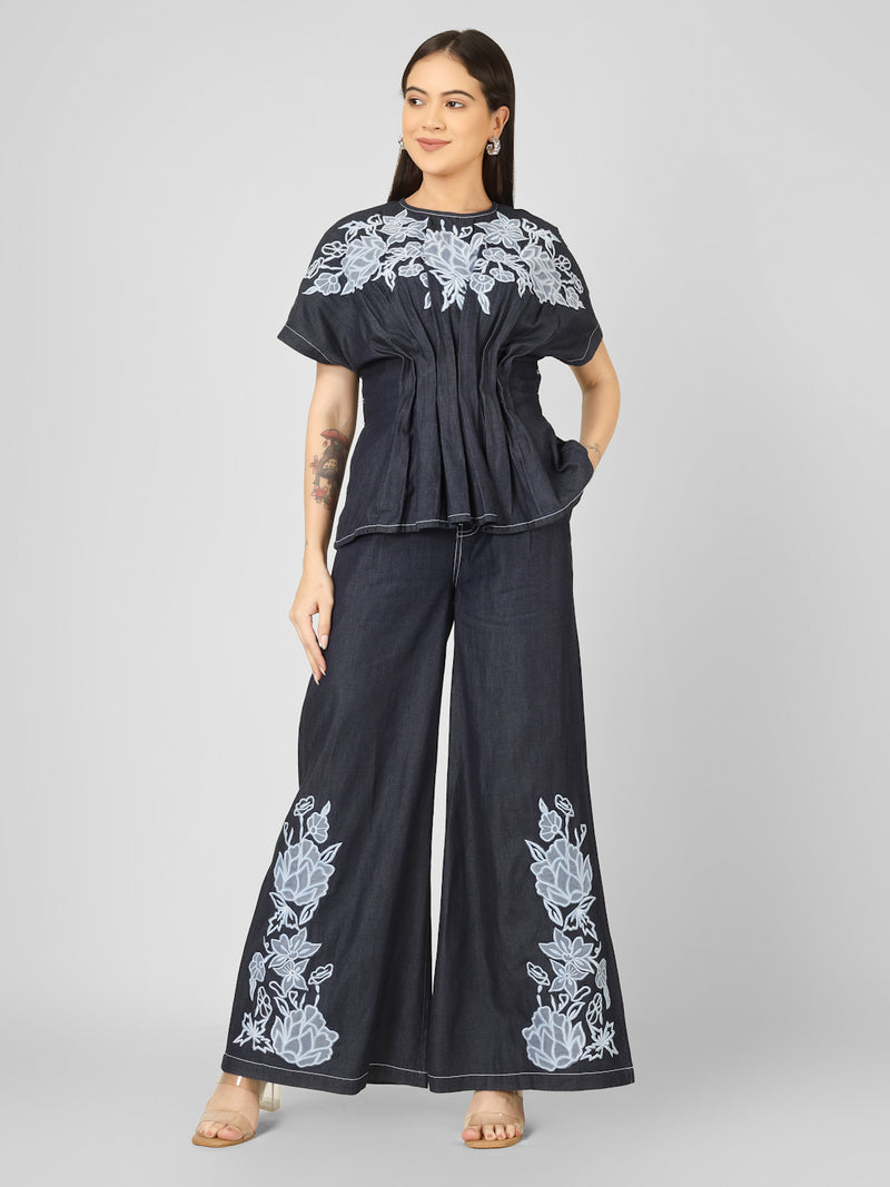 Denim Embroidered Co Ord Set Women