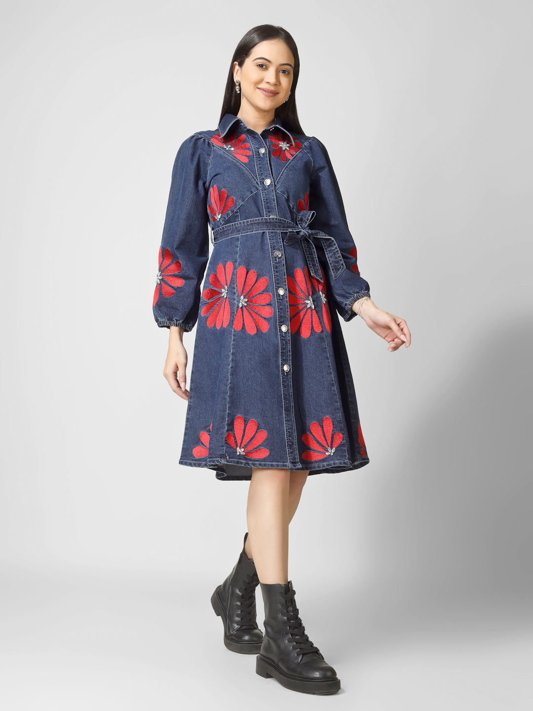Dark Blue Denim Shirt Dress with Red Floral Embroidery & Waist Tie