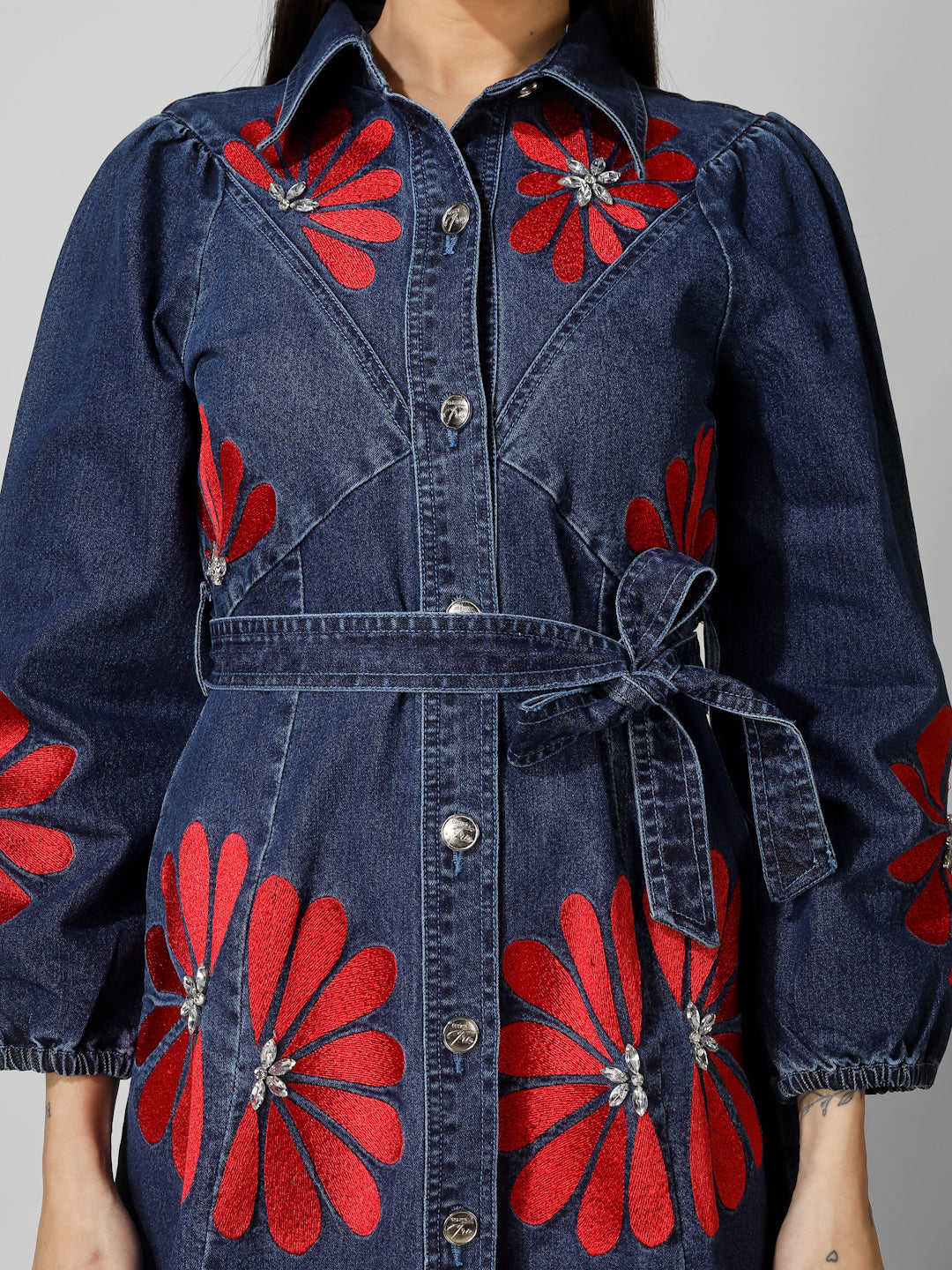 Dark Blue Denim Shirt Dress with Red Floral Embroidery & Waist Tie