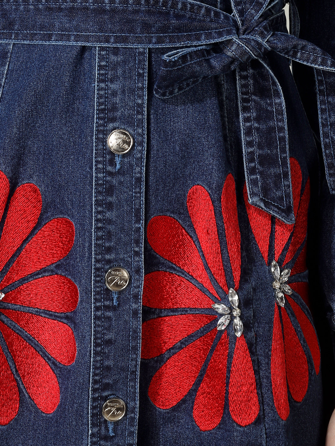 Dark Blue Denim Shirt Dress with Red Floral Embroidery & Waist Tie