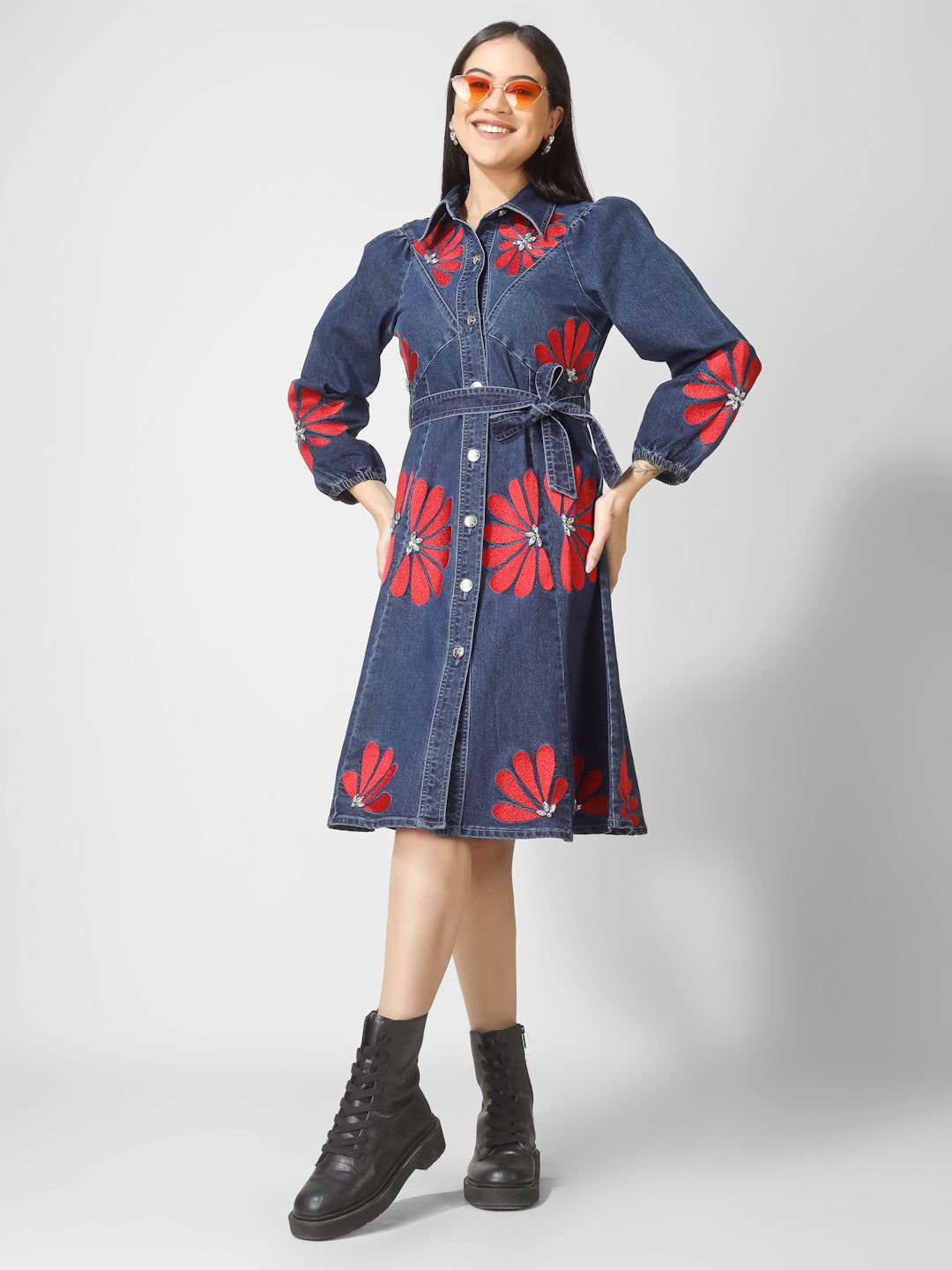 Dark Blue Denim Shirt Dress with Red Floral Embroidery & Waist Tie