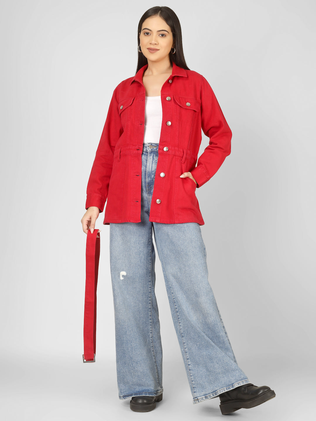 Women Red Denim Short Dress