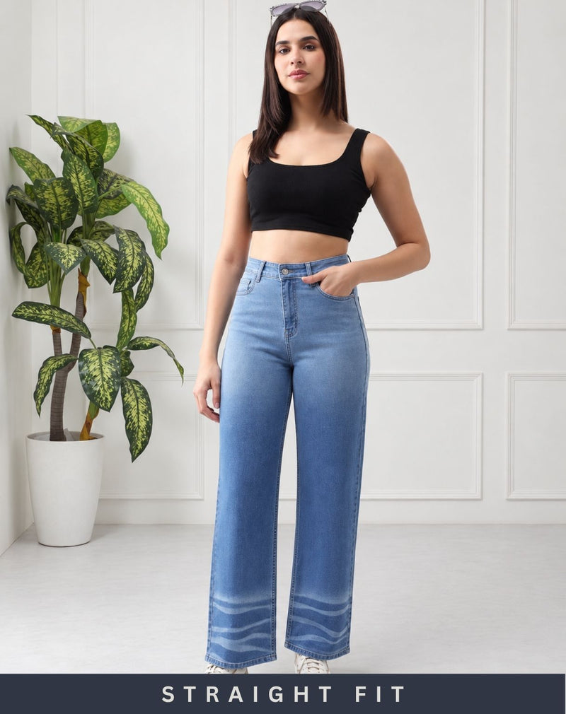 Women’s Blue Mid-Rise Wide Leg Jeans with Whisker Wash Detail
