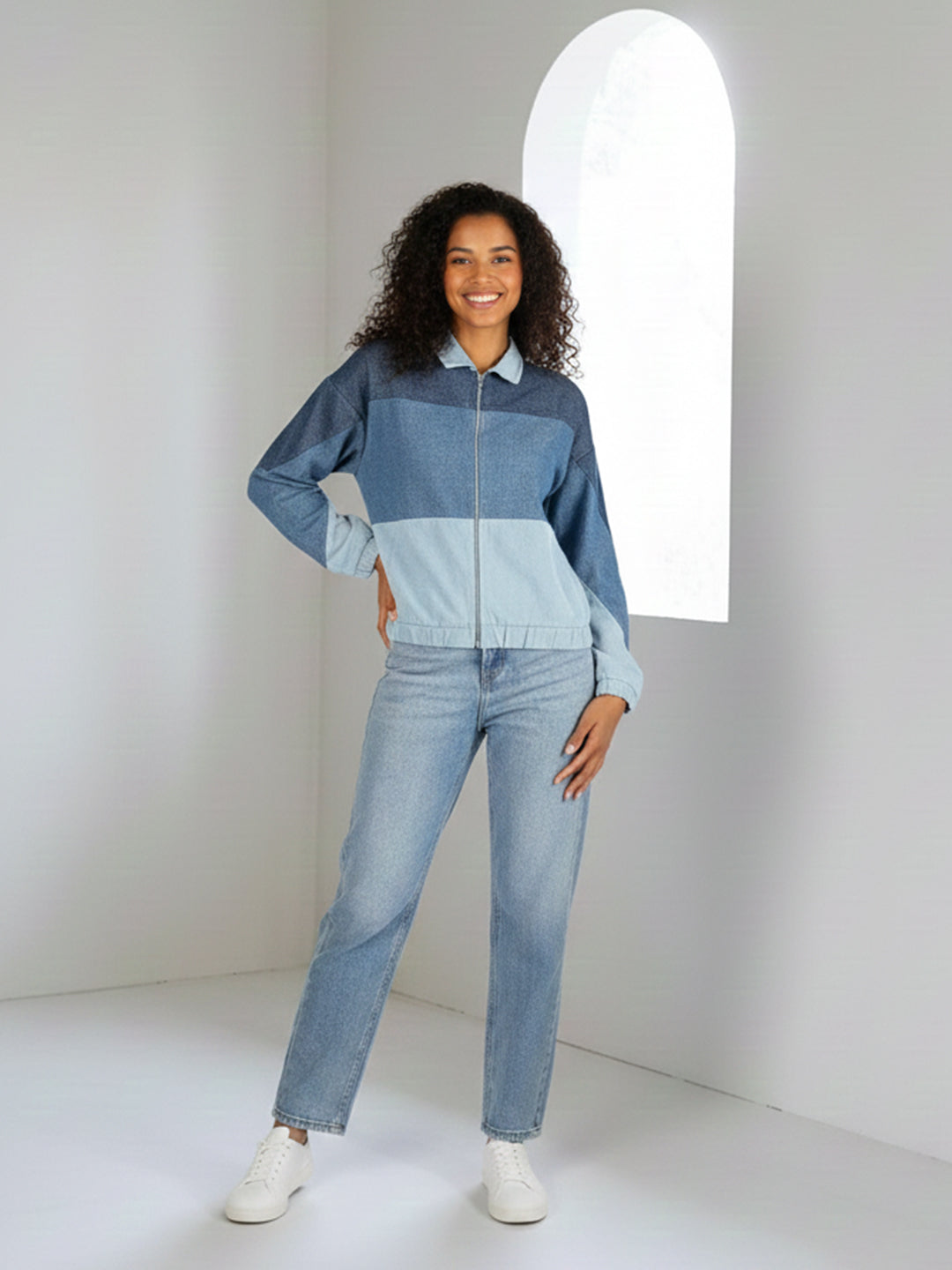 Women Colorblock Denim Jacket with Front Zip Closure | Casual Oversized Blue Jacket