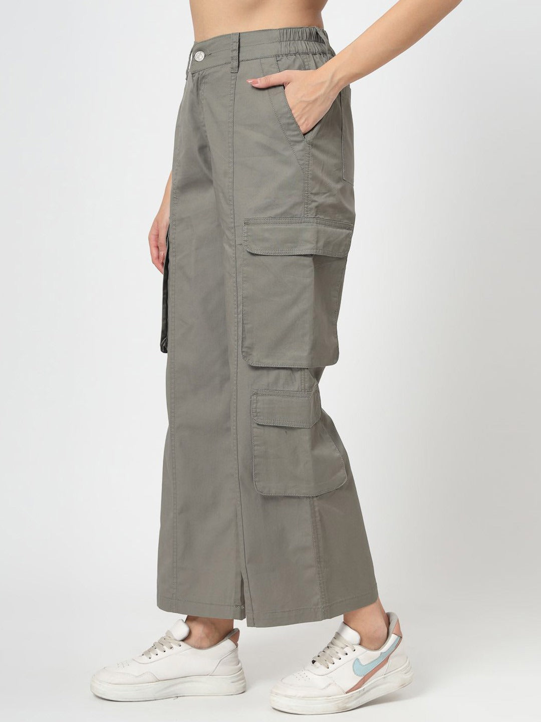 Olive Cotton Loose Fit Cargo Pants Women