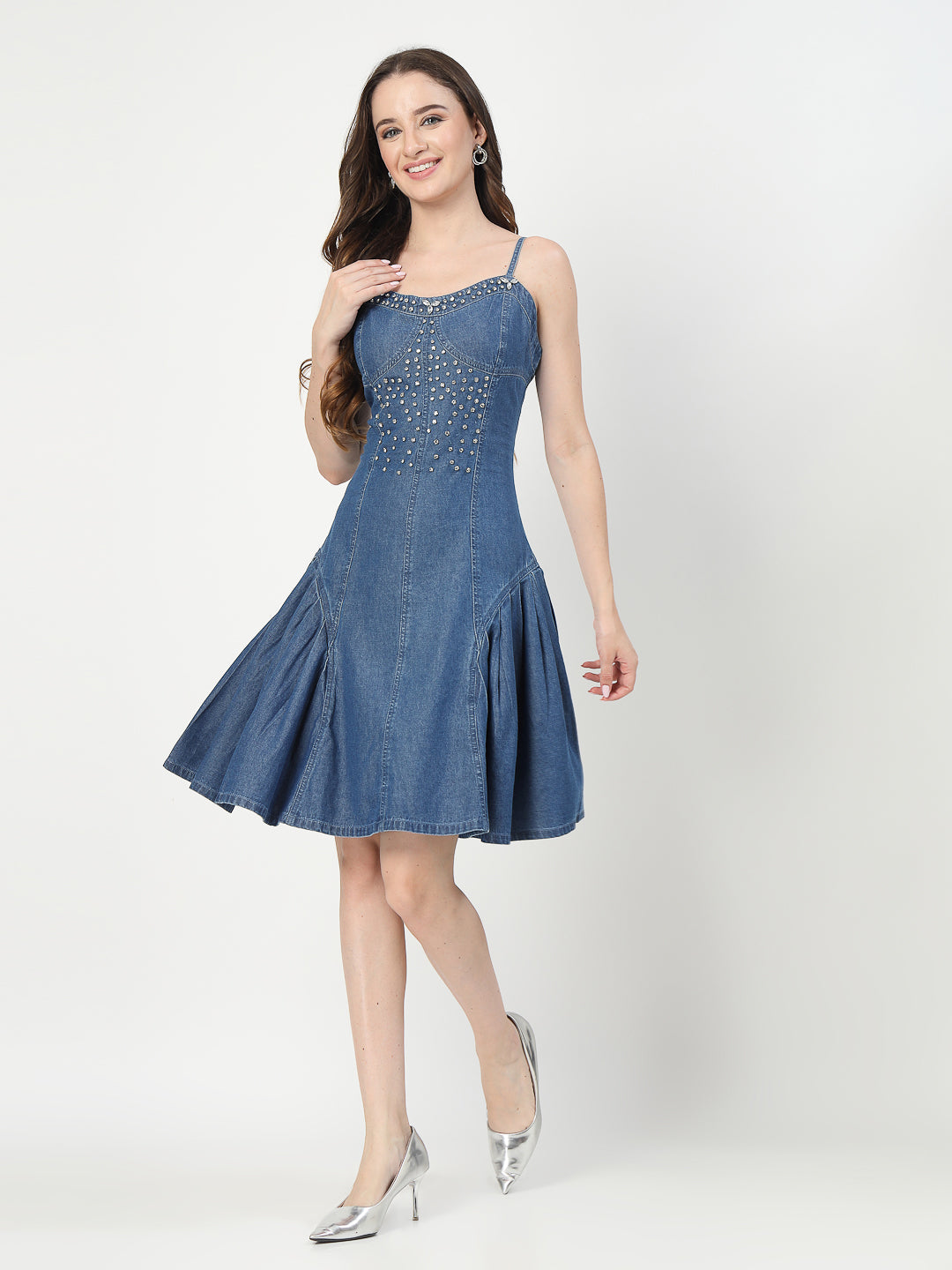 Blue Embellished Denim Fit & Flare Dress for Women – Party Wear