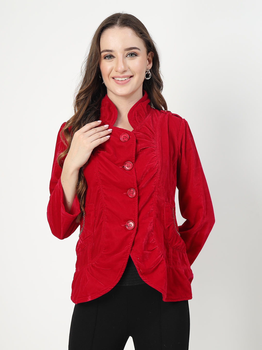 Red Velvet Lightweight Button-Up Jacket – Stylish & Comfortable - Cosmic Trio