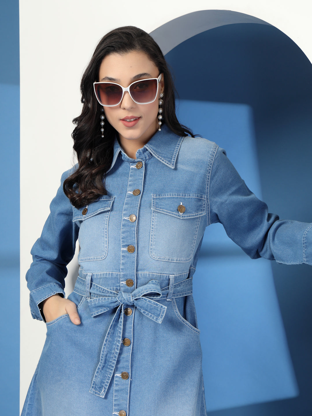 DENIM BELTED LONG SHIRT DRESS