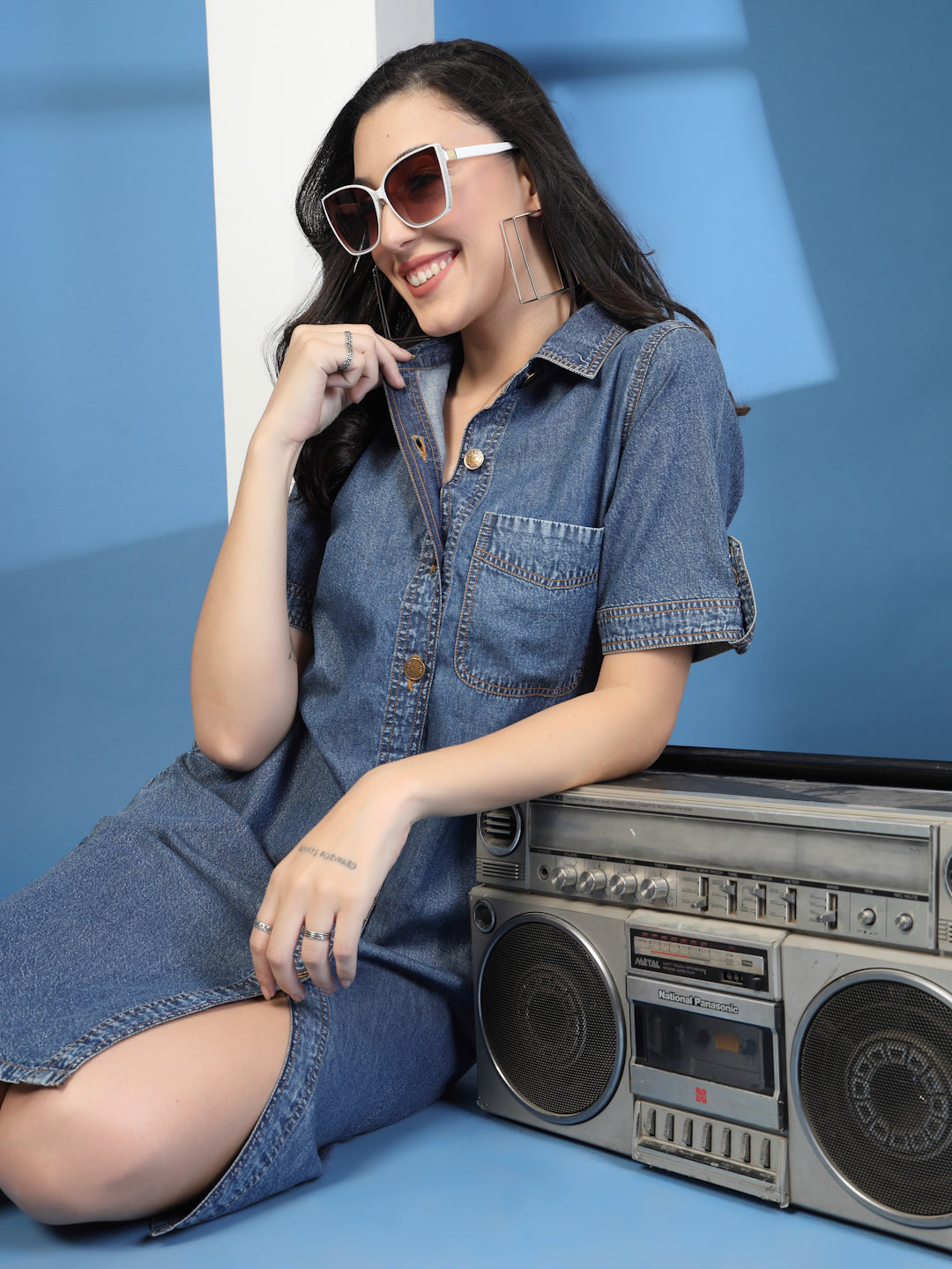 Shirt Collar Denim A-Line Dress - Main Image