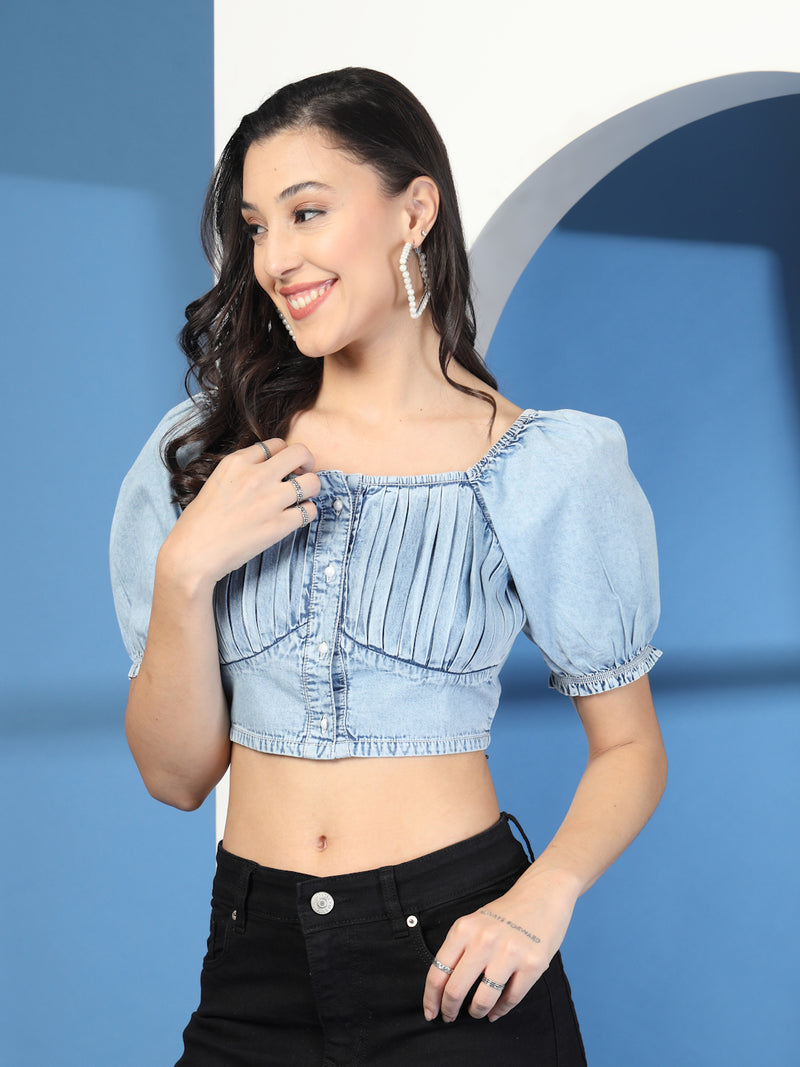 Puff Sleeve Cotton Denim Crop Top