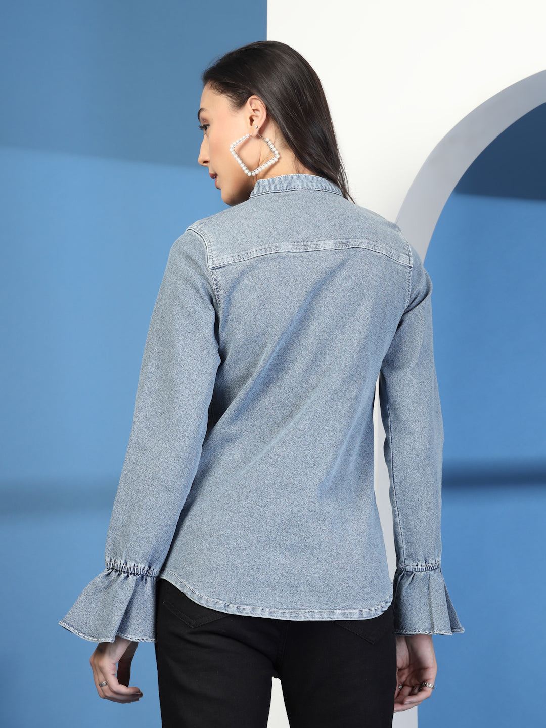 DENIM RUFFLE SHIRT WITH PUFF SLEEVE