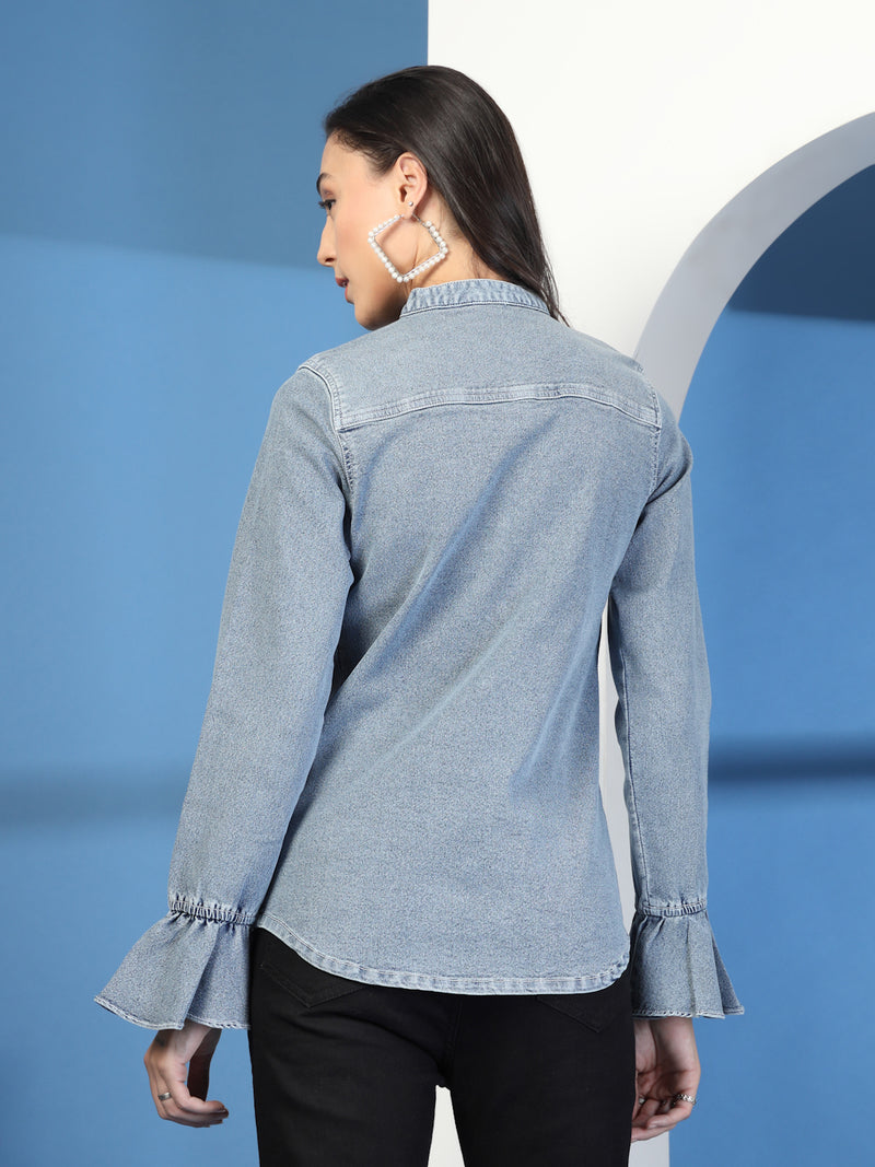 Solid Band Collar Denim Casual Shirt