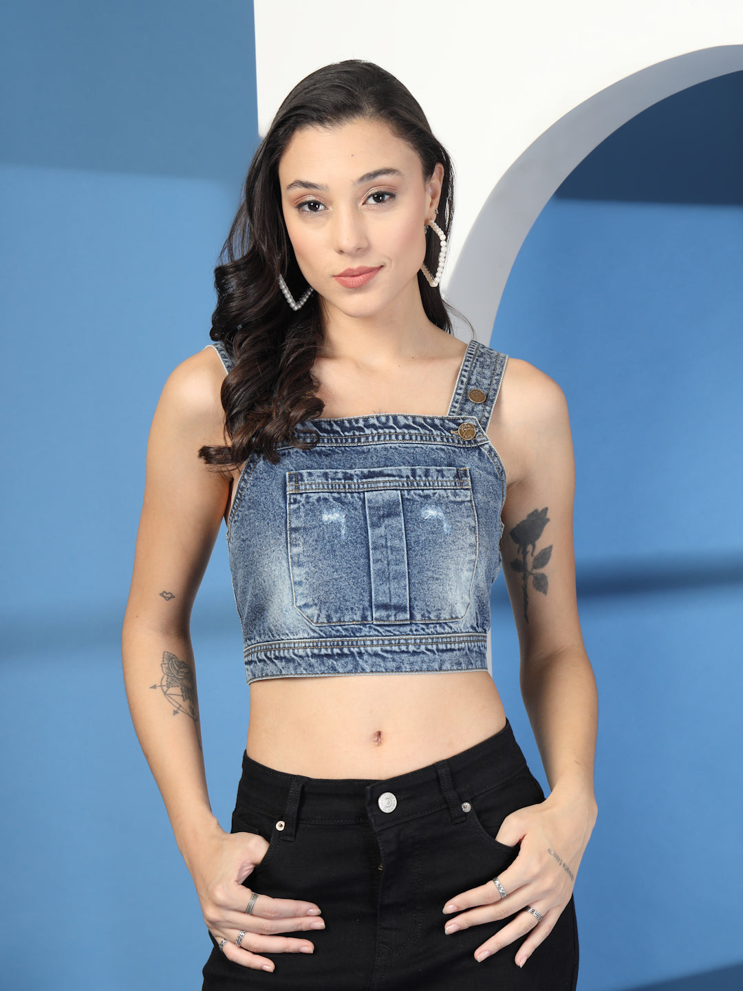 Denim Crop Top in Mid Indigo