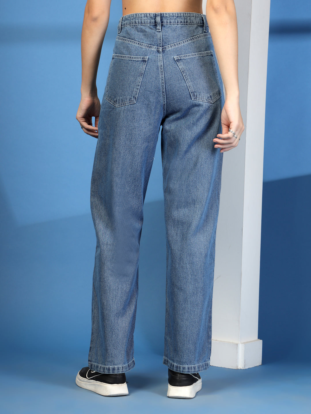 Mid Indigo Wide Leg Distress Denim Jeans