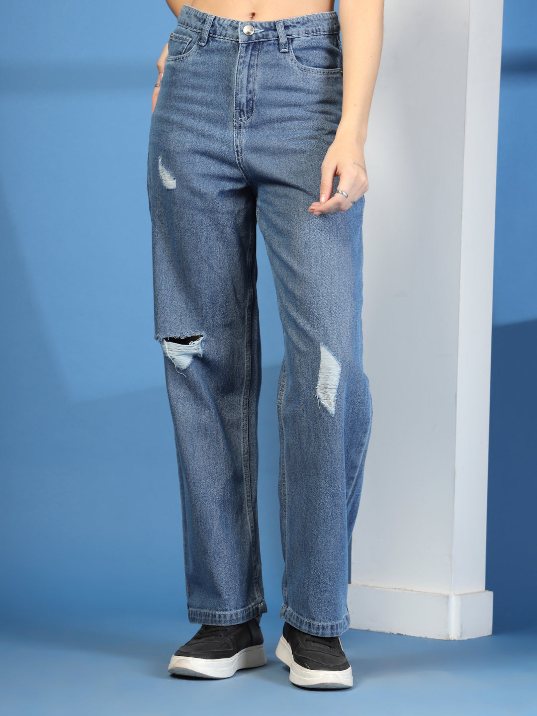 Mid Indigo Wide Leg Distress Denim Jeans