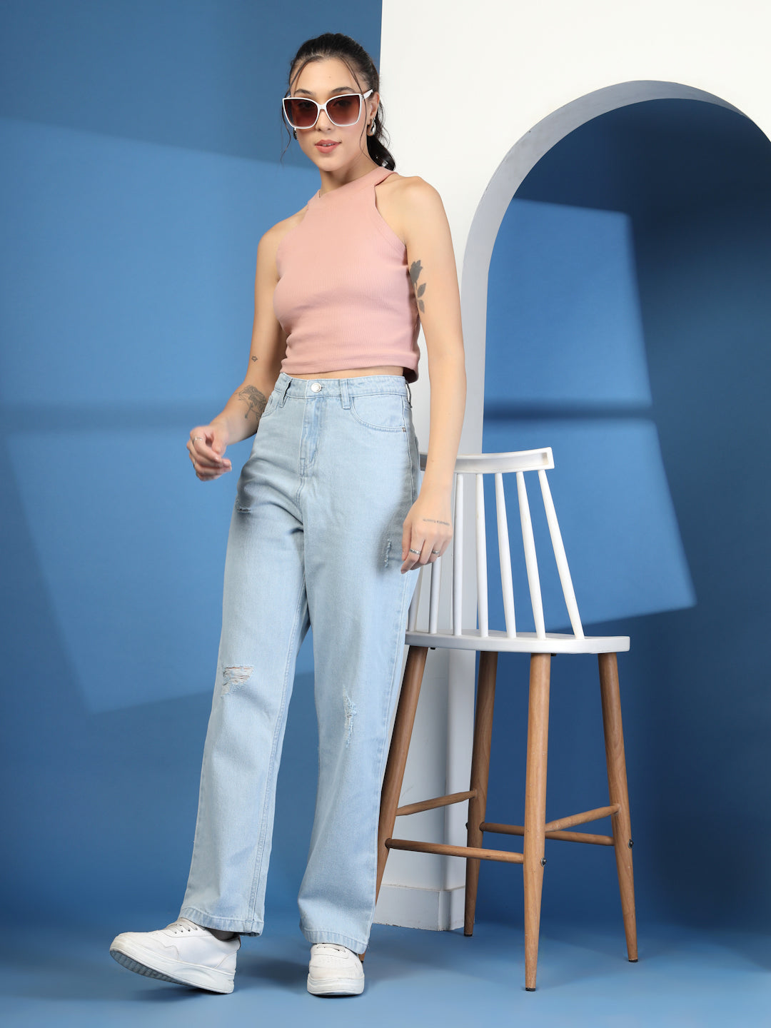Light Indigo Wide Leg Distress Denim Jeans