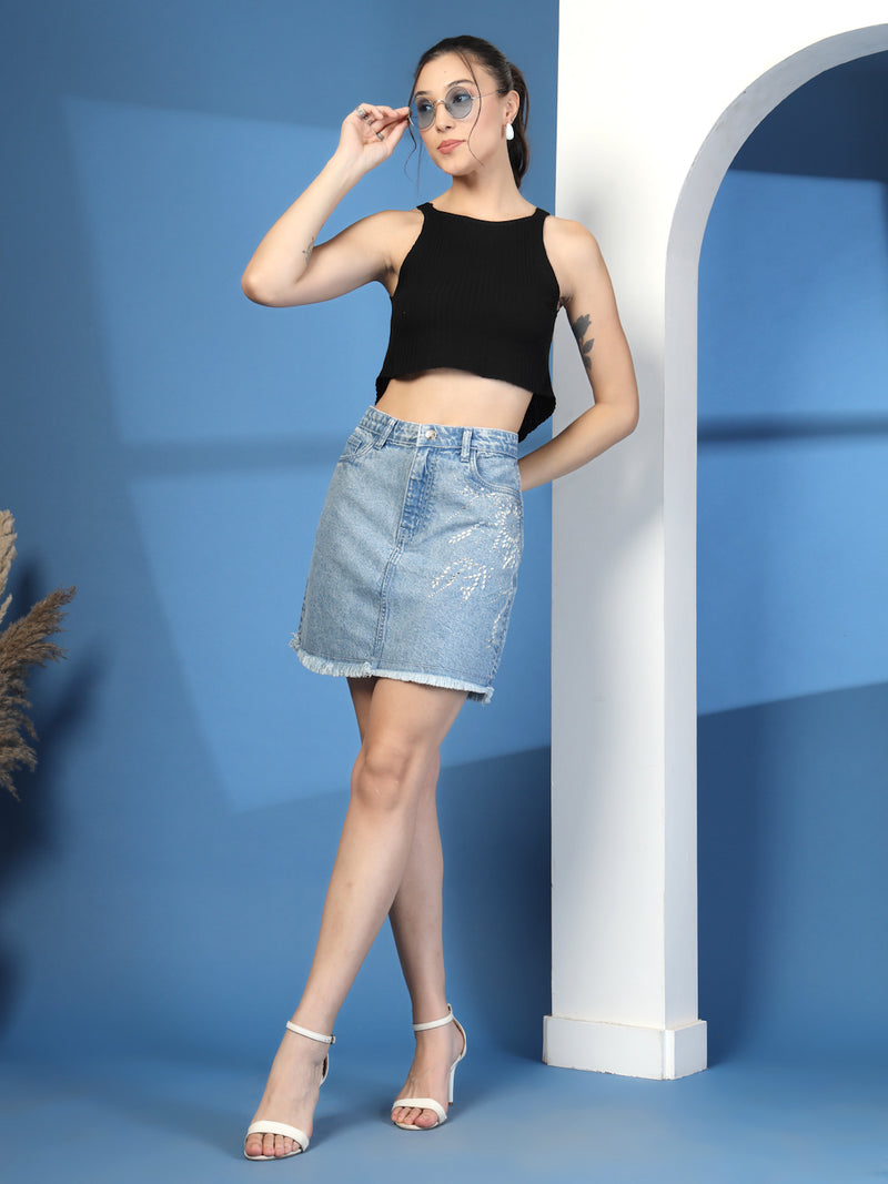 Embellished Denim Skirt with Fringes