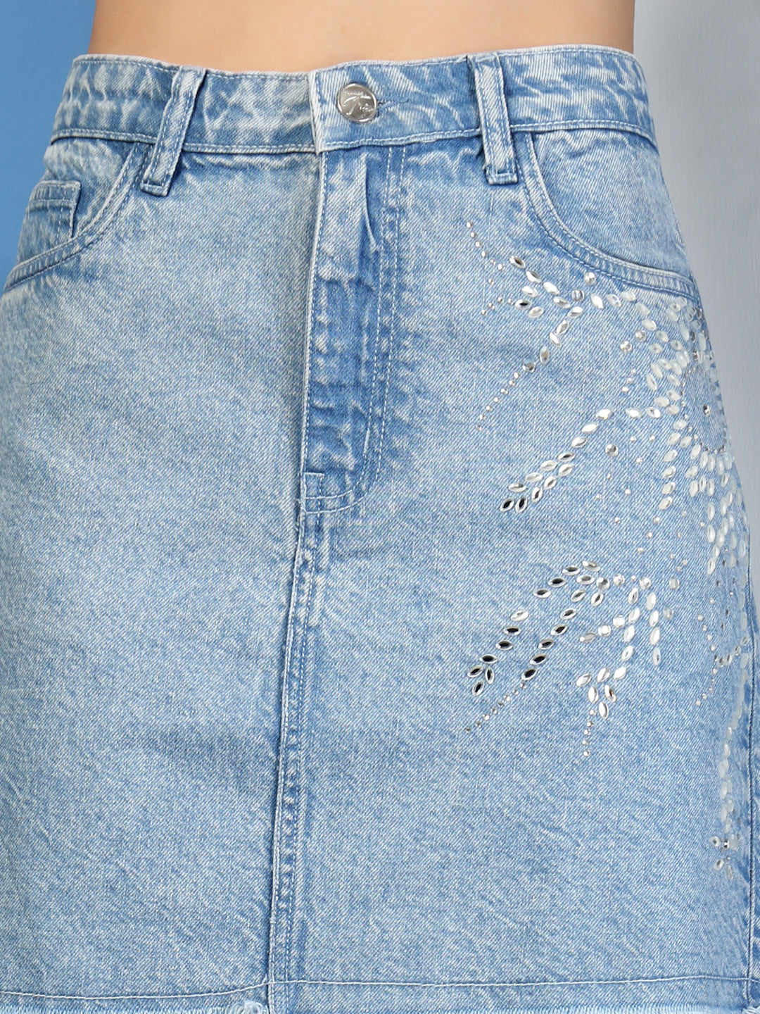 Embellished Denim Skirt with Fringes