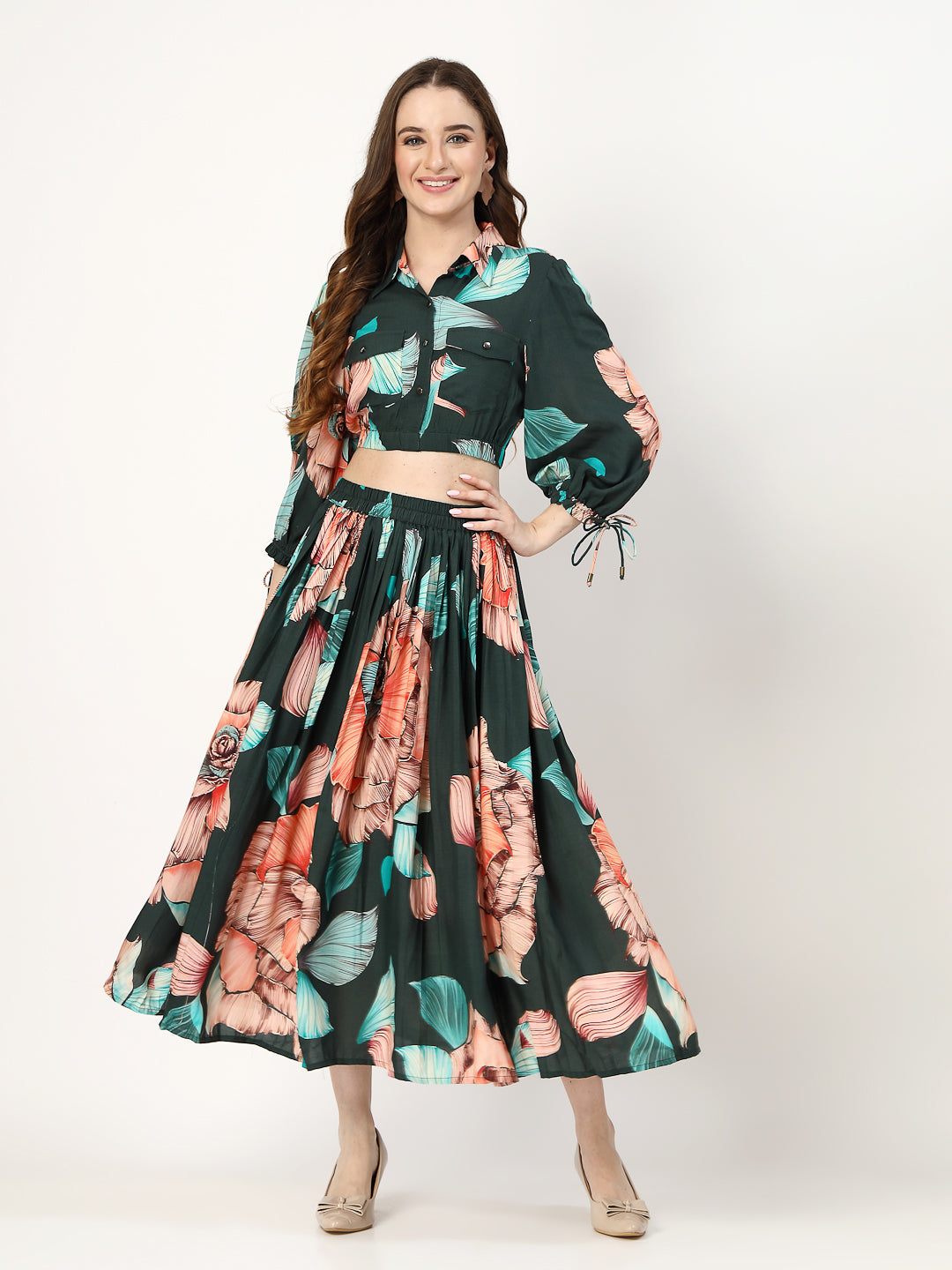 Floral Printed Top With Skirt Co-Ords Sets - Cosmic Trio