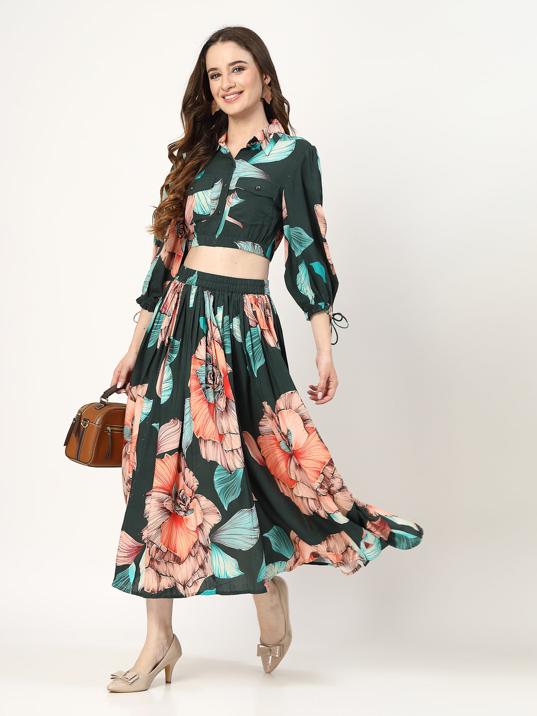 Floral Printed Top With Skirt Co-Ords Sets - Cosmic Trio