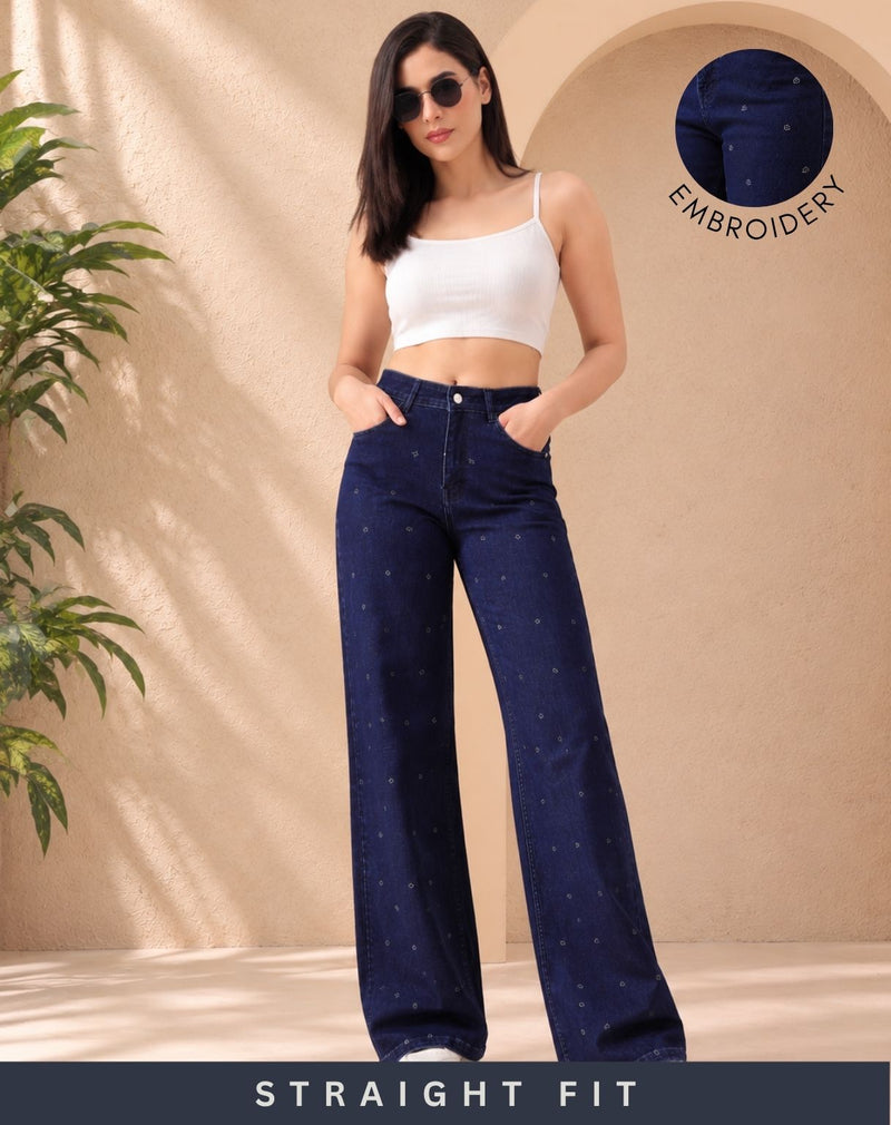 Women Blue Mid-Rise Straight Mid Embroidered Jeans