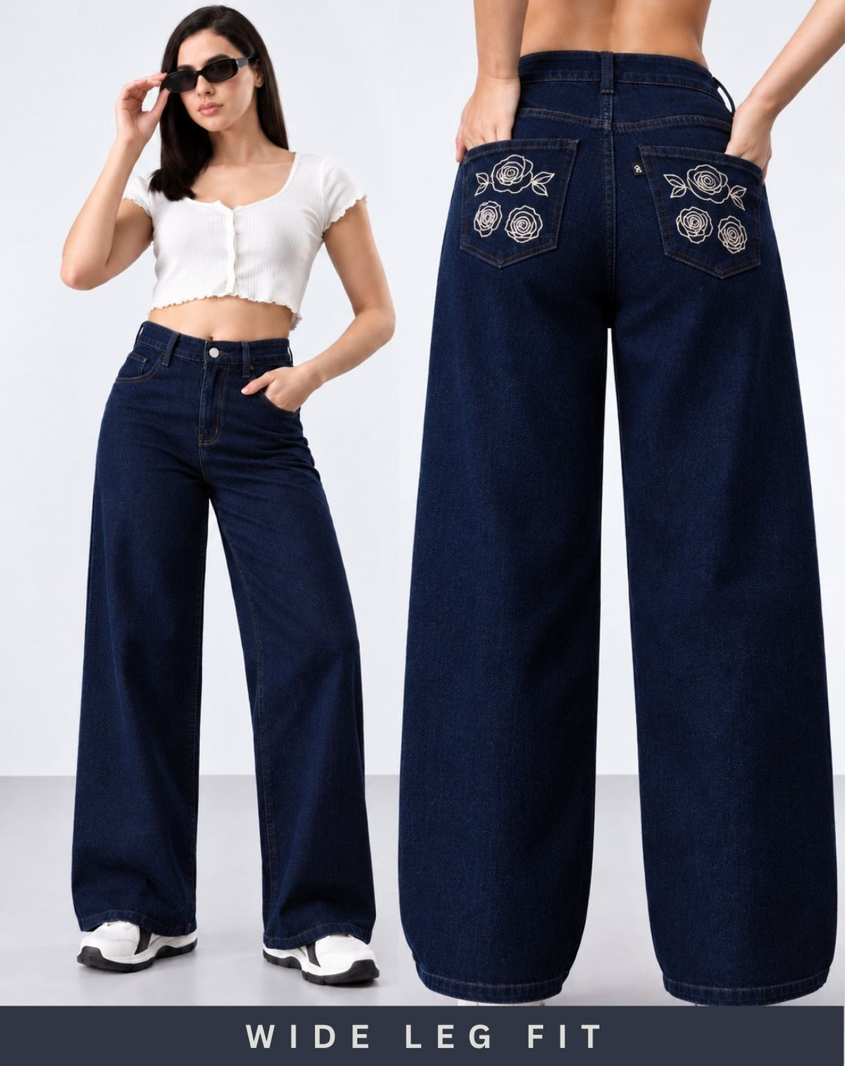 Women’s Blue Mid-Rise Straight Fit Jeans with Floral Embroidered Pockets