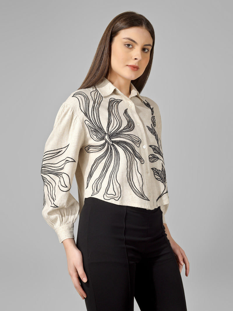 Beige Cotton Collared Loose Fit Full Sleeve Shirt Women