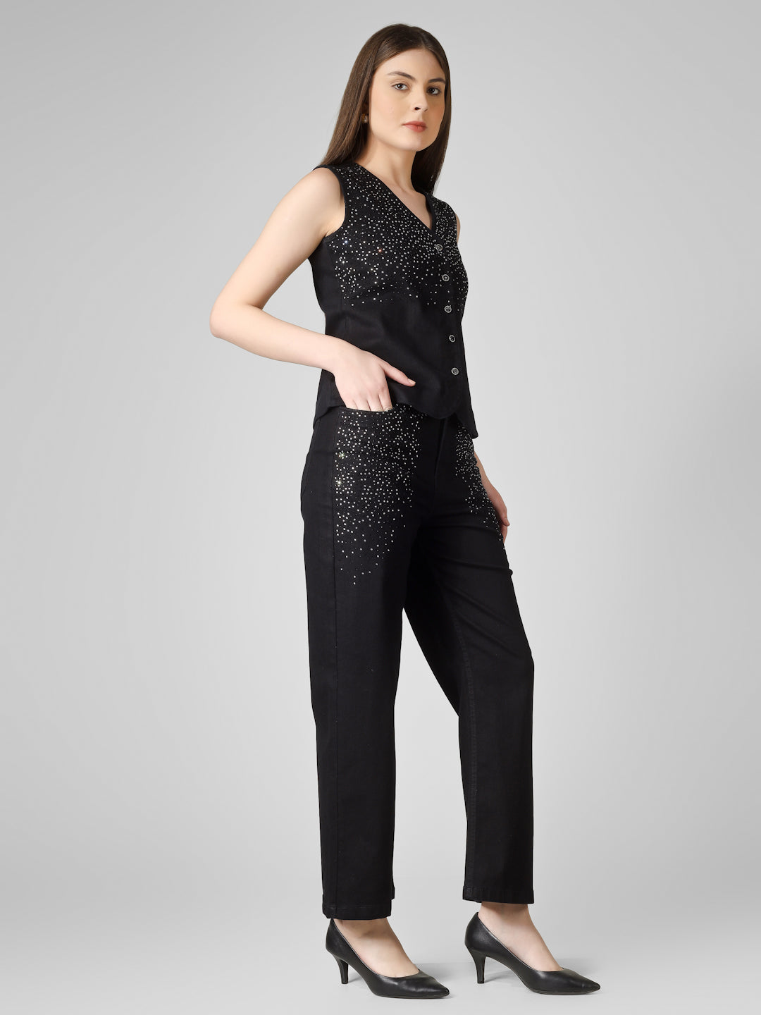 Women’s Black Embellished Sleeveless Denim Co-ord Set
