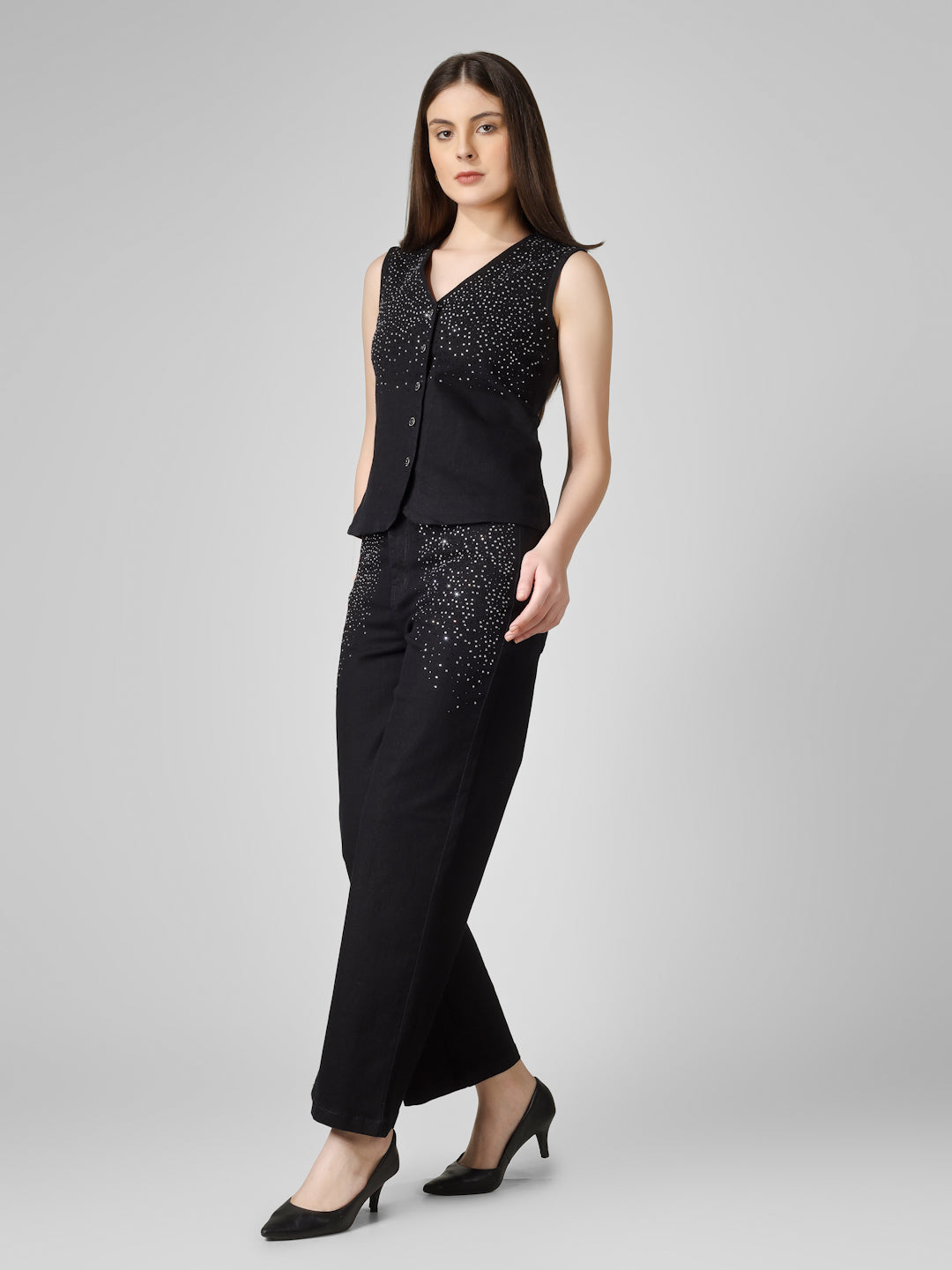 Women’s Black Embellished Sleeveless Denim Co-ord Set