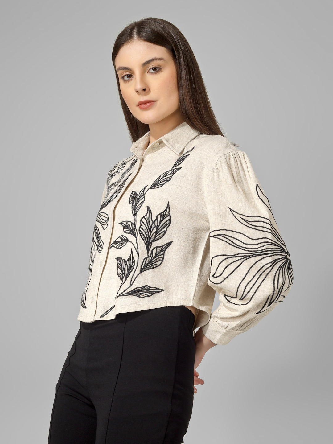 Beige Cotton Collared Loose Fit Full Sleeve Shirt Women