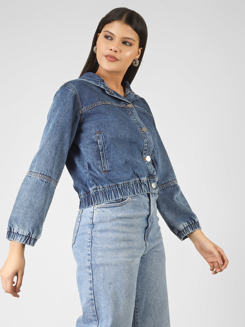 Blue Cotton Lycra Relaxed Loose Fit Hoodie Jacket Women