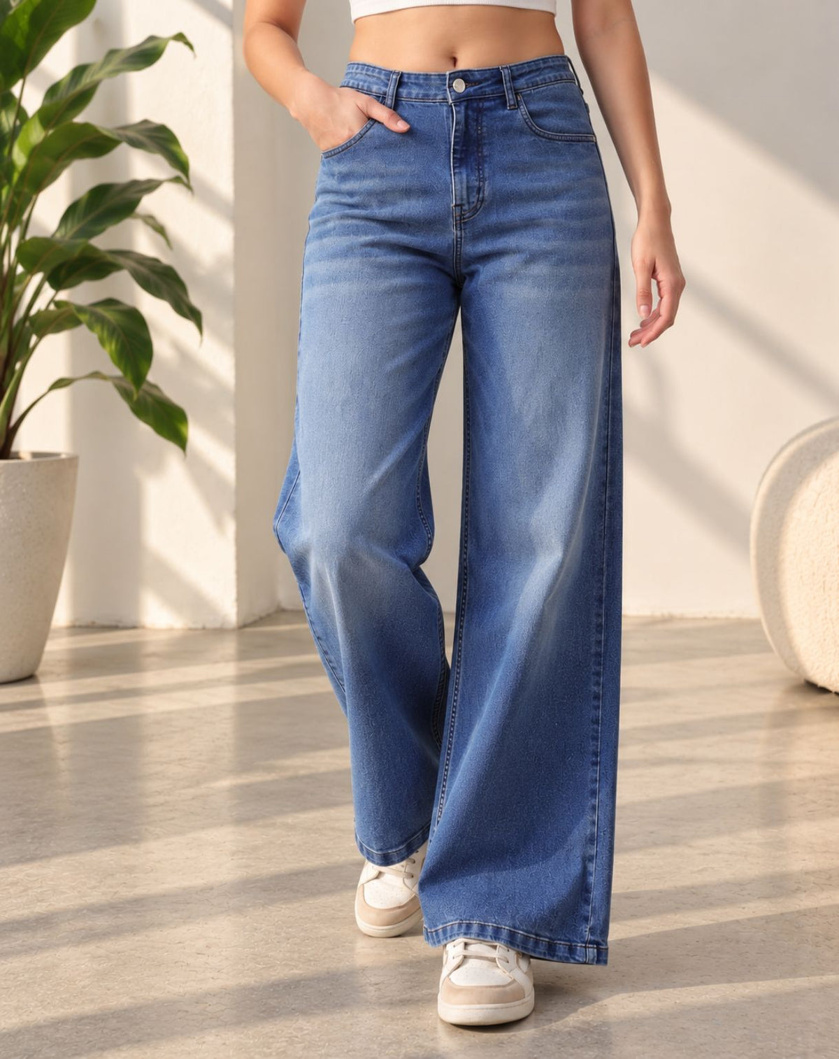 Women’s Light Blue Mid-Rise Wide-Leg Whisker Jeans
