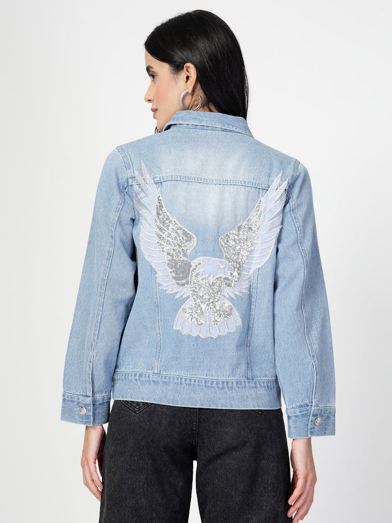 Lightweight Denim Jacket with Embroidery Patchwork - Cosmic Trio
