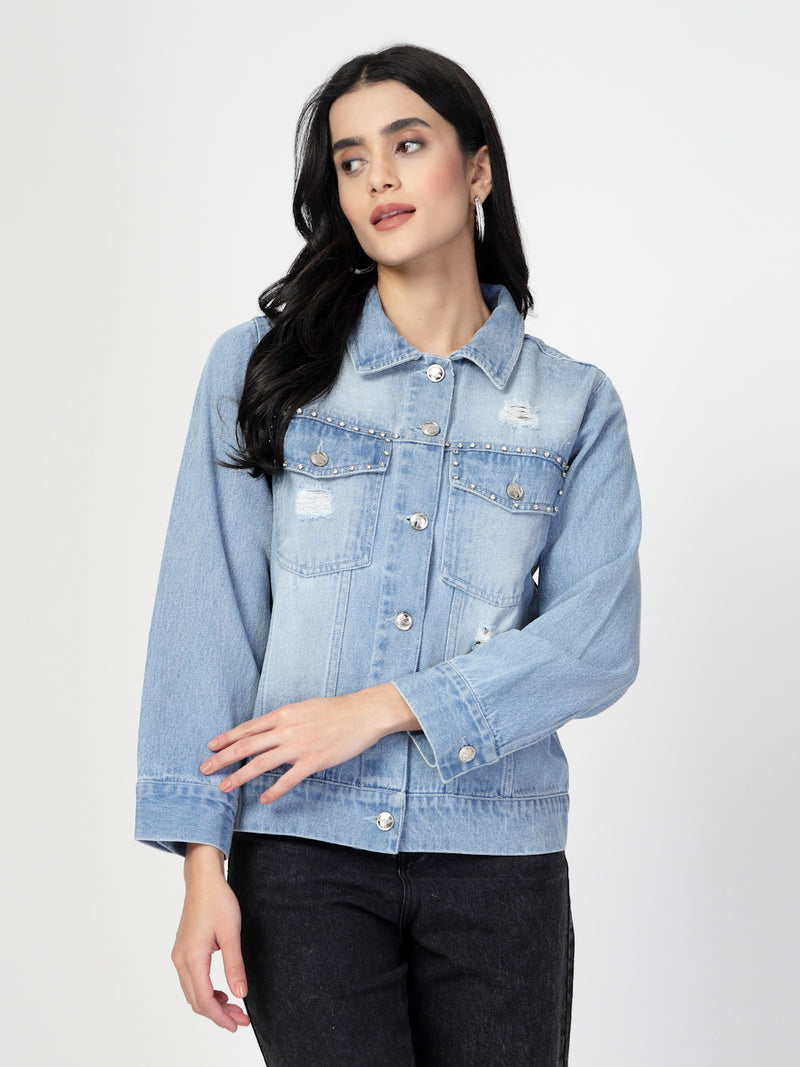 Lightweight Denim Jacket with Embroidery Patchwork - Cosmic Trio