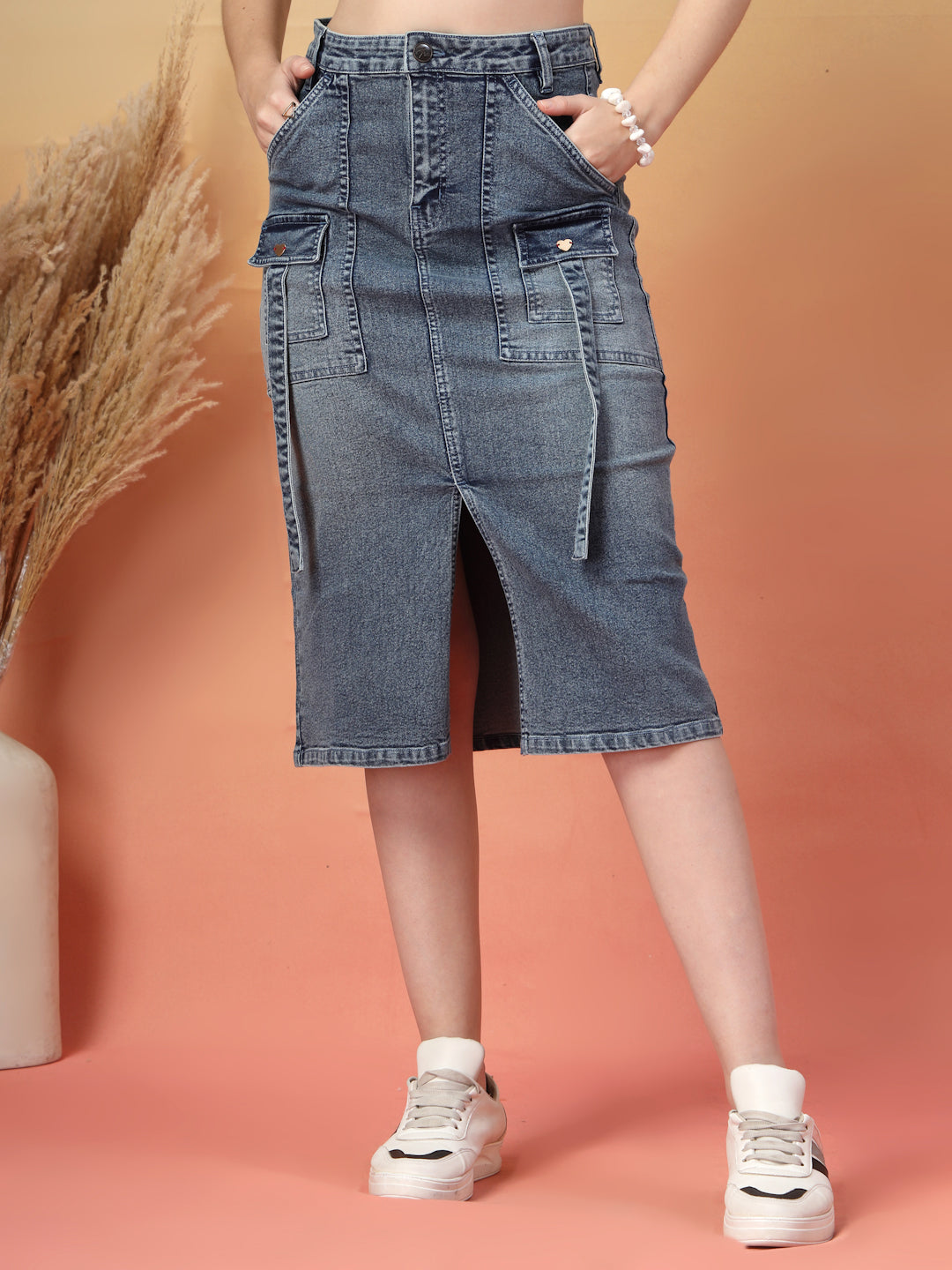 Washed Blue Utility Pocket Denim Midi Skirt