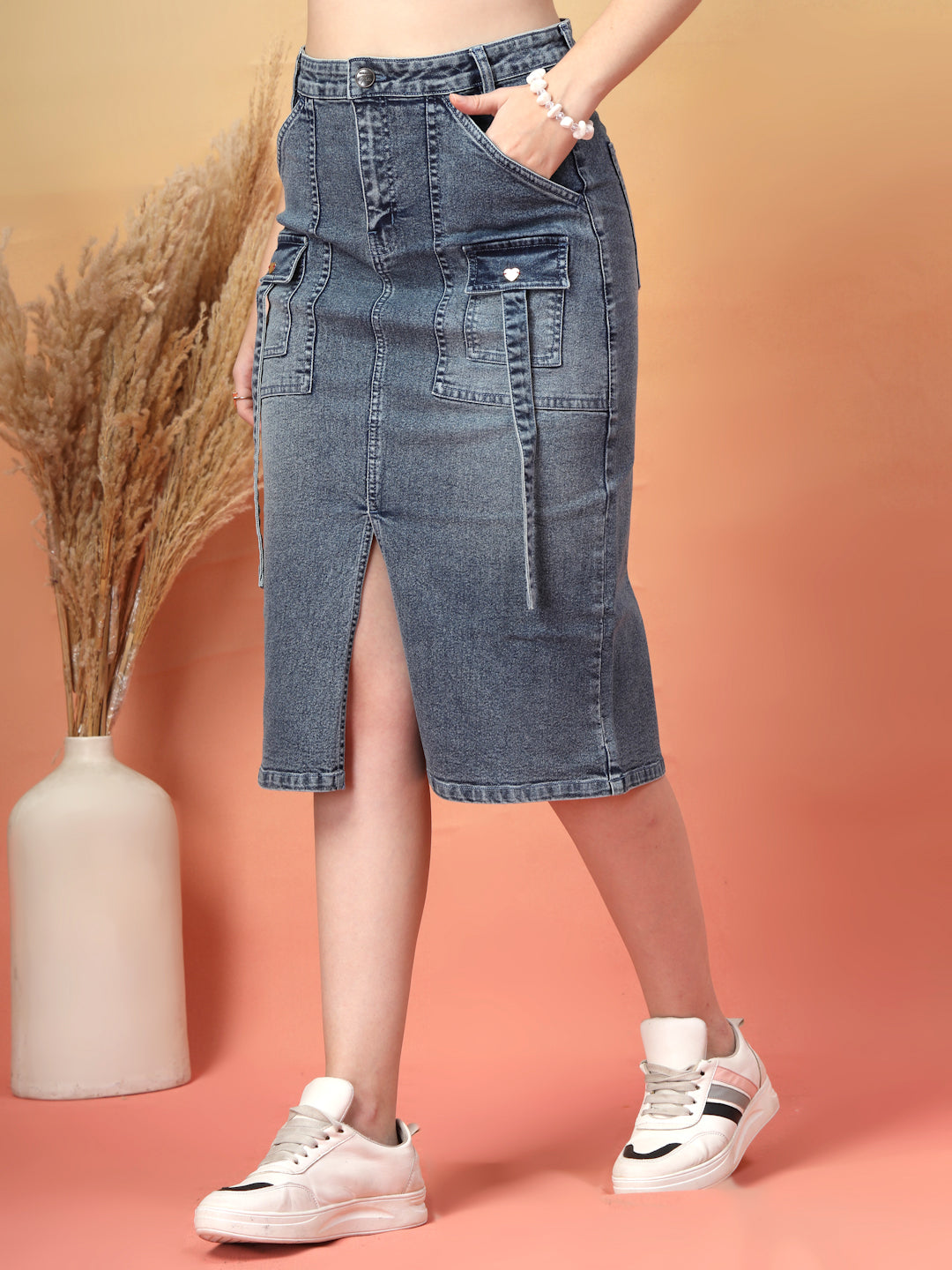Washed Blue Utility Pocket Denim Midi Skirt