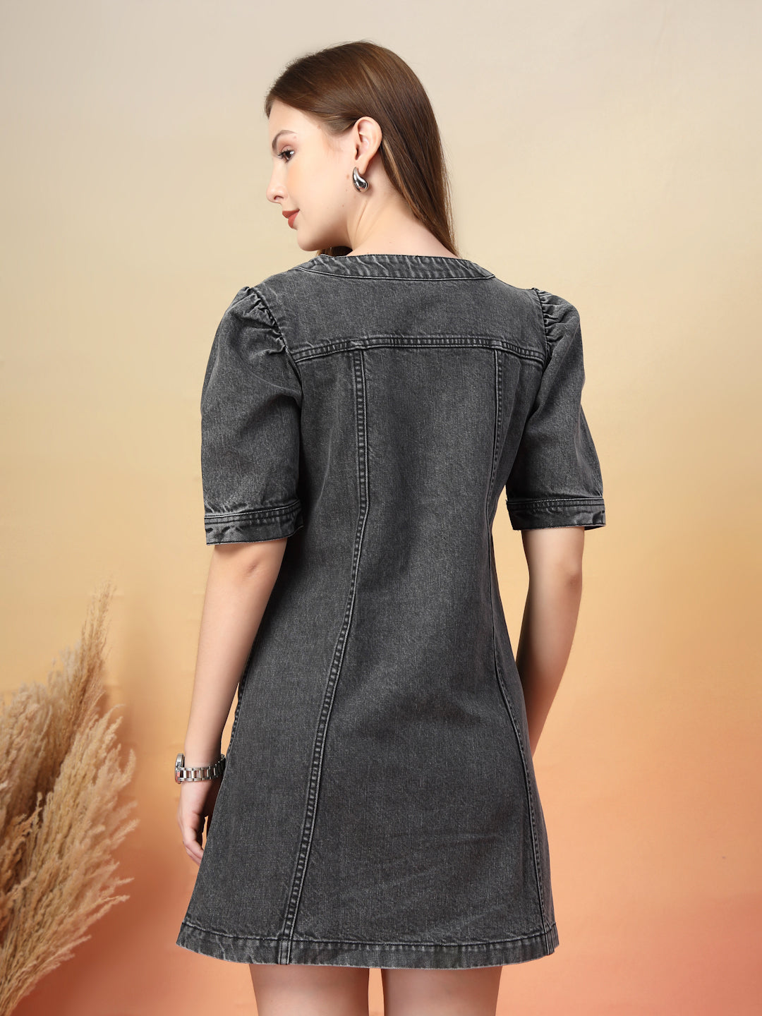 Denim Button-Down Dress with Puff Sleeves