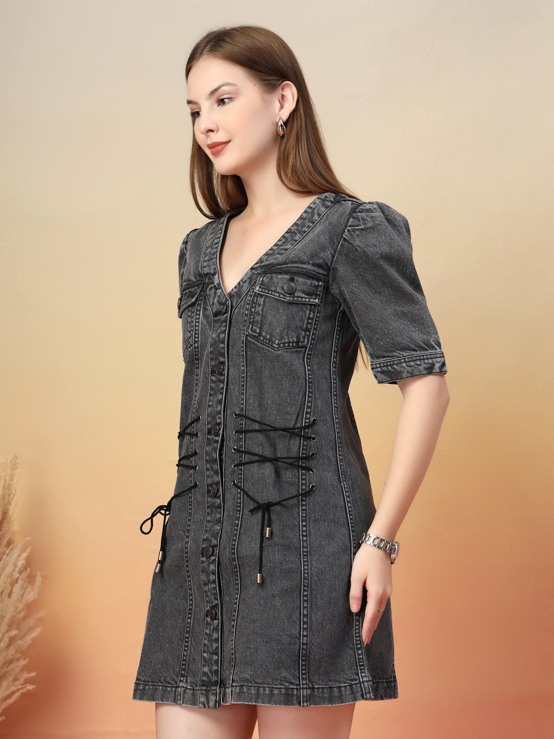 Denim Button-Down Dress with Puff Sleeves