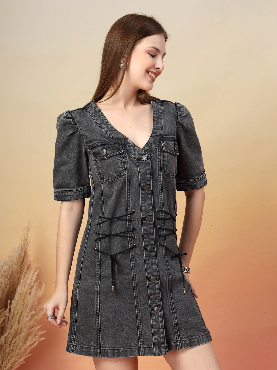 Denim Button-Down Dress with Puff Sleeves