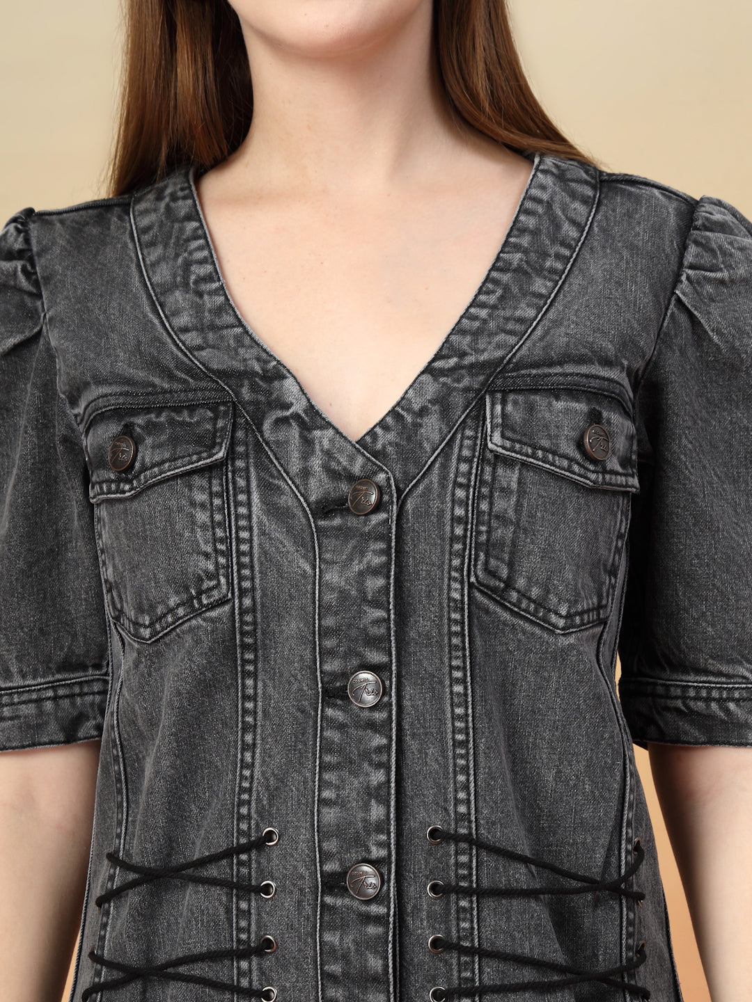 Denim Button-Down Dress with Puff Sleeves