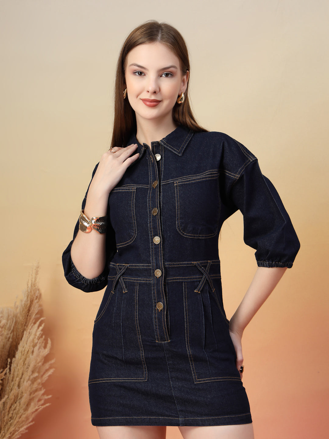 Dark Blue Denim Bodycon Button-Down Mini Dress