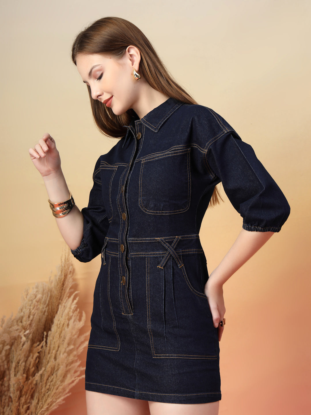 Dark Blue Denim Bodycon Button-Down Mini Dress