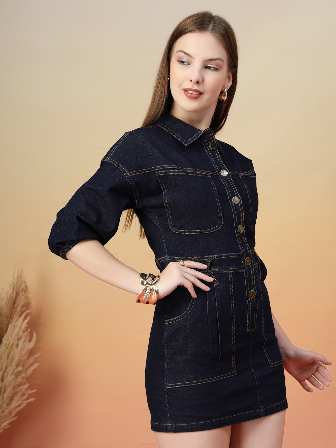 Dark Blue Denim Bodycon Button-Down Mini Dress